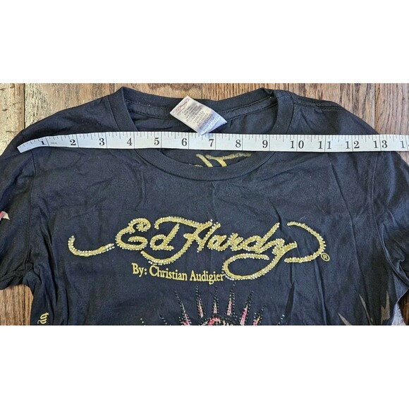 Vtg Y2K Ed Hardy Black Panther Roses Rhinestones Long Sleeve Top Size S - Picture 6 of 12